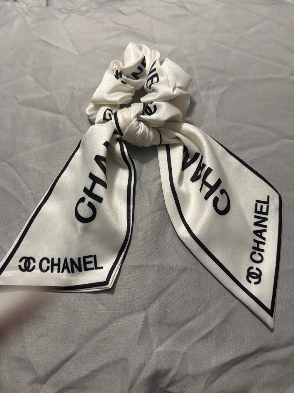 CHANEL Black & White Logo Silk Bow Scrunchie Scarf